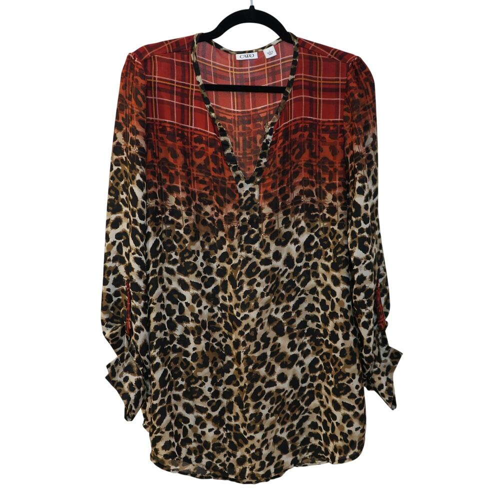 Cato Women’s Large Leopard Plaid Mixed Print Tunic Blouse Roll Tab Sleeve Sheer